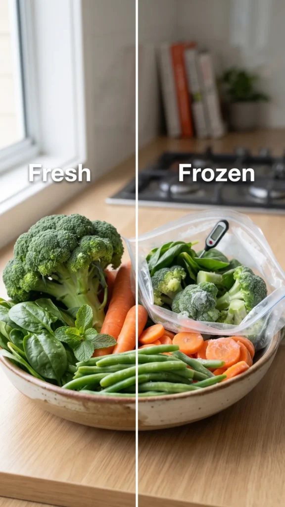 Comparison of fresh and frozen vegetables in a kitchen.
