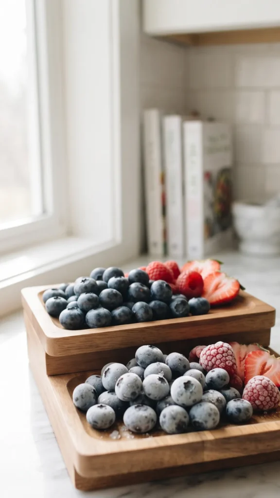 A two-tiered wooden serving tray holds fresh berries and frozen berries. The top tier has fresh blueberries, raspberries, and strawberry slices. The bottom tier has frozen blueberries, raspberries, and strawberry slices, all covered in visible frost. The tray is on a marble countertop next to a sunlit window, with a blurred background of kitchen items. The overall composition is vertical.

