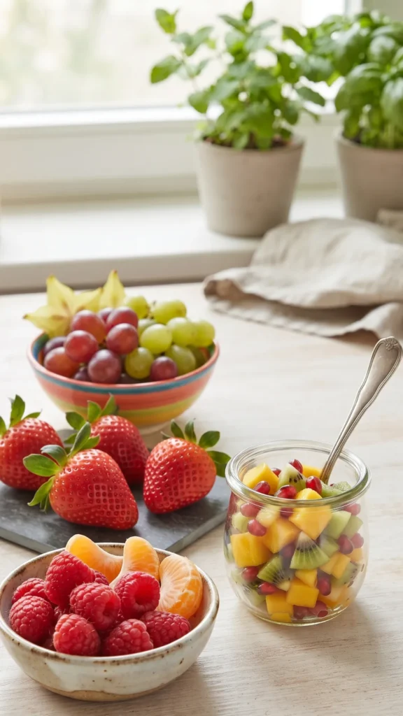 Vibrant fresh fruit snack selection in bowls on a wooden table.
