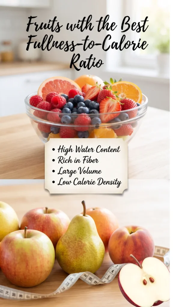 An infographic-style image titled "Fruits with the Best Fullness-to-Calorie Ratio" in an elegant script font, set against a light wooden table background. Below the title, a clear glass bowl is filled with a colorful mix of water-rich berries (raspberries, blueberries, halved strawberries) and citrus segments (grapefruit, orange). A stylized bulleted list on a small parchment-style card details the benefits: High Water Content, Rich in Fiber, Large Volume, and Low Calorie Density. The foreground features whole fruits: apples, a pear, and peaches. No text from previous images is present. 
