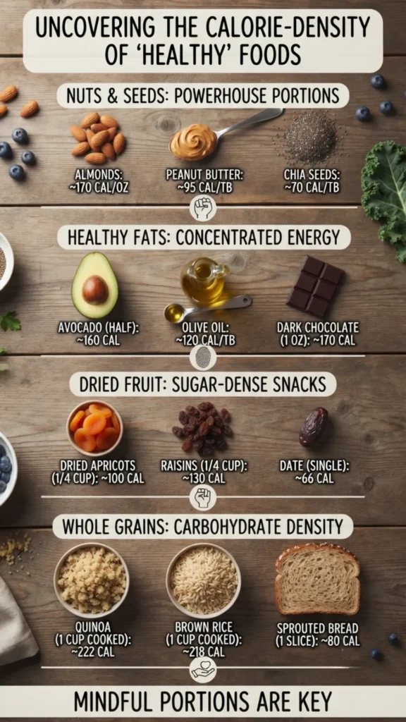 Infographic highlighting the calorie density of healthy foods like nuts, healthy fats, dried fruit, and whole grains, emphasizing the importance of mindful portions.
