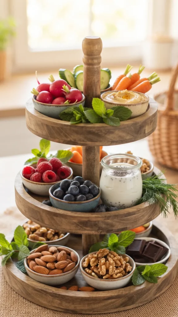 A three-tiered wooden serving stand displays a variety of healthy, low-calorie snacks, including fresh vegetables (radishes, cucumbers, carrots), hummus dip, assorted berries (raspberries, blueberries), Greek yogurt with chia seeds, nuts (almonds, walnuts), and squares of dark chocolate. The stand sits on a burlap runner near a sunlit window.
