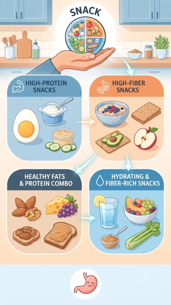 ALT text: Infographic presenting healthy snack options that halt hunger, including high-protein, high-fiber, and healthy fat combinations, without text headings.
