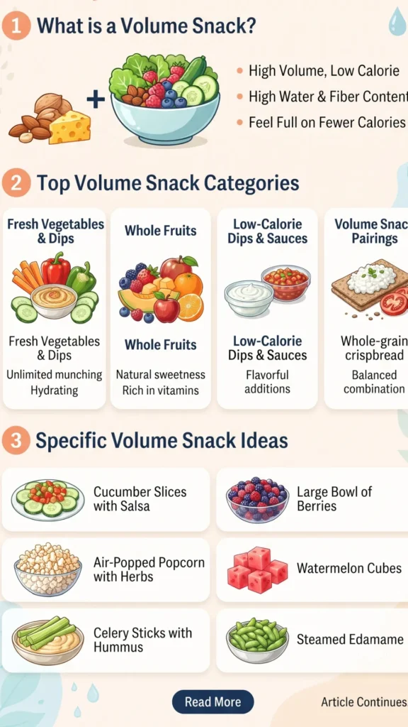  "Healthy Snacks for Volume Eaters" explains volume eating, lists categories like fresh vegetables and whole fruits, and provides specific snack ideas with illustrations.
