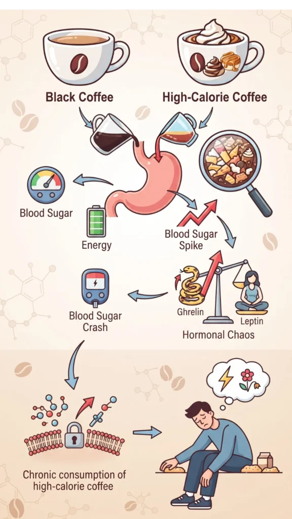 Infographic contrasting the metabolic effects of black coffee versus high-calorie coffee, showing blood sugar spikes, crashes, and hormonal disruption leading to energy crashes and chronic fatigue.
