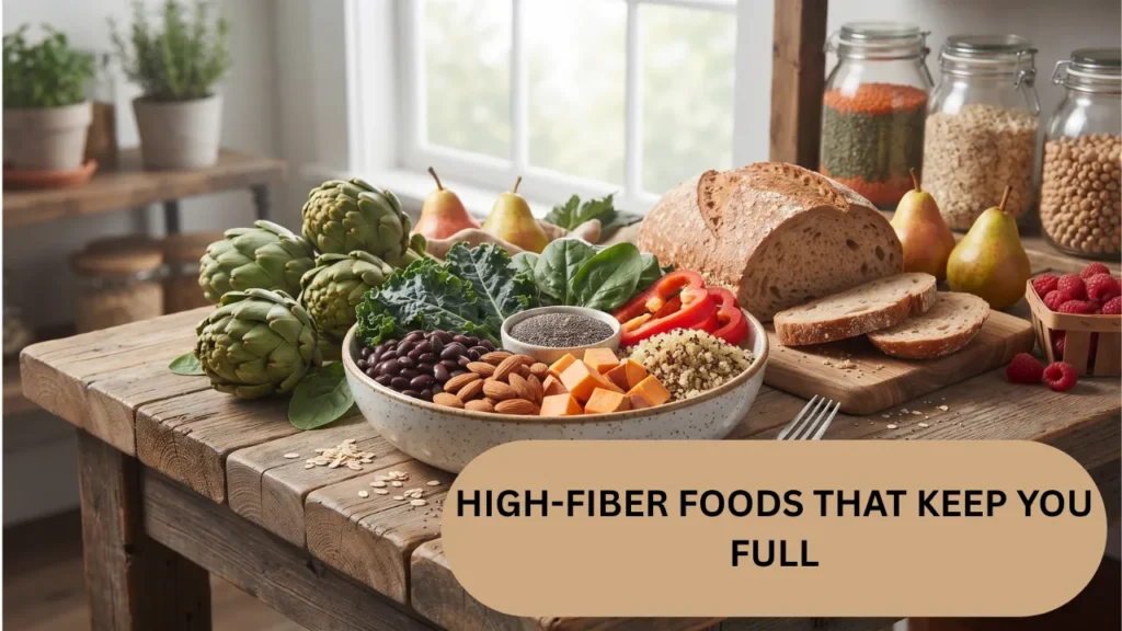 A rustic kitchen table featuring a balanced meal with a lentil bowl, avocado toast, fresh fruit, nuts, and grains, emphasizing fiber for fullness.