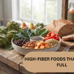 A rustic kitchen table featuring a balanced meal with a lentil bowl, avocado toast, fresh fruit, nuts, and grains, emphasizing fiber for fullness.