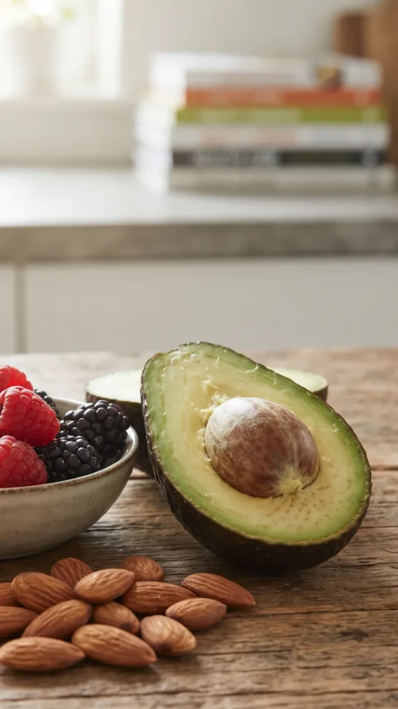A close-up photograph on a rustic wooden table features a halved avocado with its large seed visible, alongside a bowl of mixed raspberries and blackberries and a scatter of whole almonds, all under soft, natural light. No text is visible in the image.
