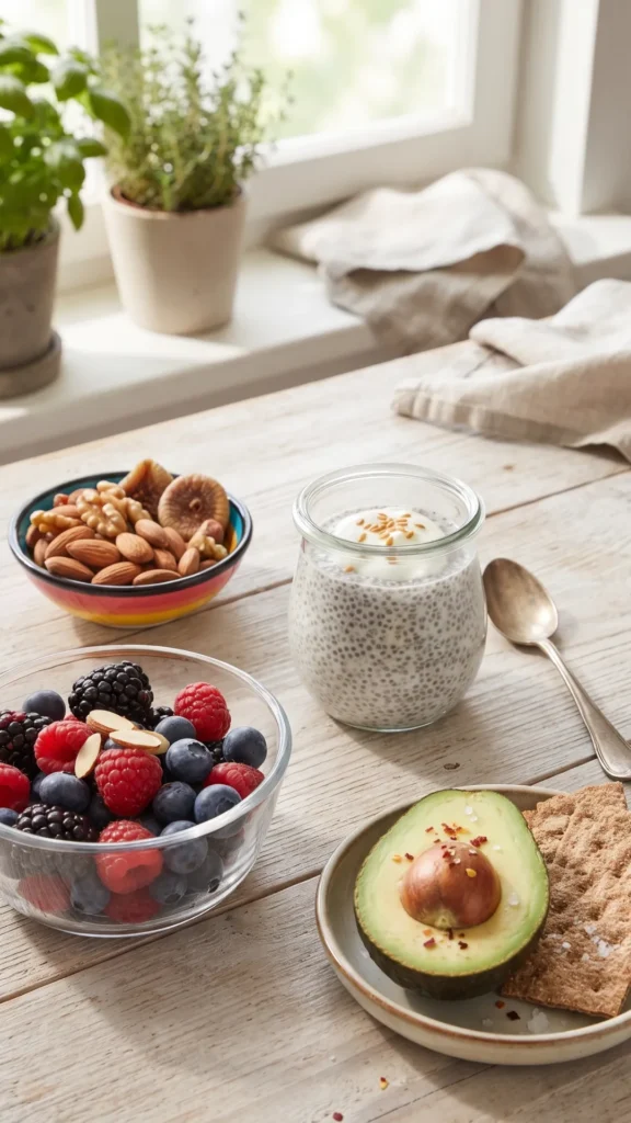 Natural, healthy snack arrangement on a rustic wooden table, featuring a bowl of mixed berries and almonds, a glass jar of chia seed pudding, and a plate with avocado halves and crispbread crackers, all near a sunlit window with potted herbs.
