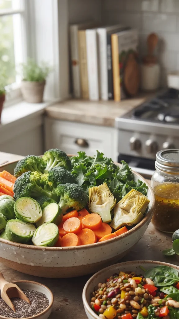 A high-angle, sunlit photograph of a ceramic bowl overflowing with raw, high-fiber vegetables like broccoli, halved Brussels sprouts, chopped kale, and artichoke hearts, placed on a rustic kitchen counter next to a window.
