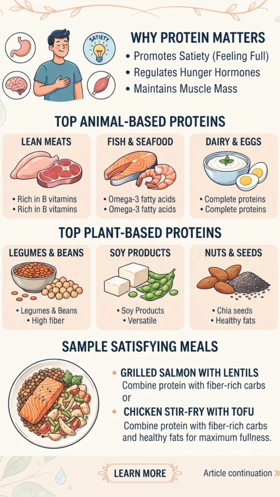  explaining 'Why Protein Matters,' and listing 'Top Animal-Based Proteins' (lean meats, fish, seafood, dairy, eggs), 'Top Plant-Based Proteins' (legumes, soy, nuts/seeds), and 'Sample Satisfying Meals.

