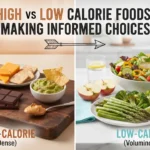 ALT text: A split-panel food photograph titled "HIGH vs LOW CALORIE FOODS: MAKING INFORMED CHOICES". The left panel shows a dark wood cutting board with small portions of calorie-dense foods: a bowl of almonds and walnuts, a plate with cheddar cheese and crackers, dark chocolate squares, a bowl of guacamole with chips, and a spoonful of peanut butter. The right panel shows a marble counter with large portions of low-calorie foods: a large salad, steamed broccoli and asparagus, sliced apples, mixed berries, and a glass of water with lemon. Text below labels them as "HIGH-CALORIE (Dense)" and "LOW-CALORIE (Voluminous)".