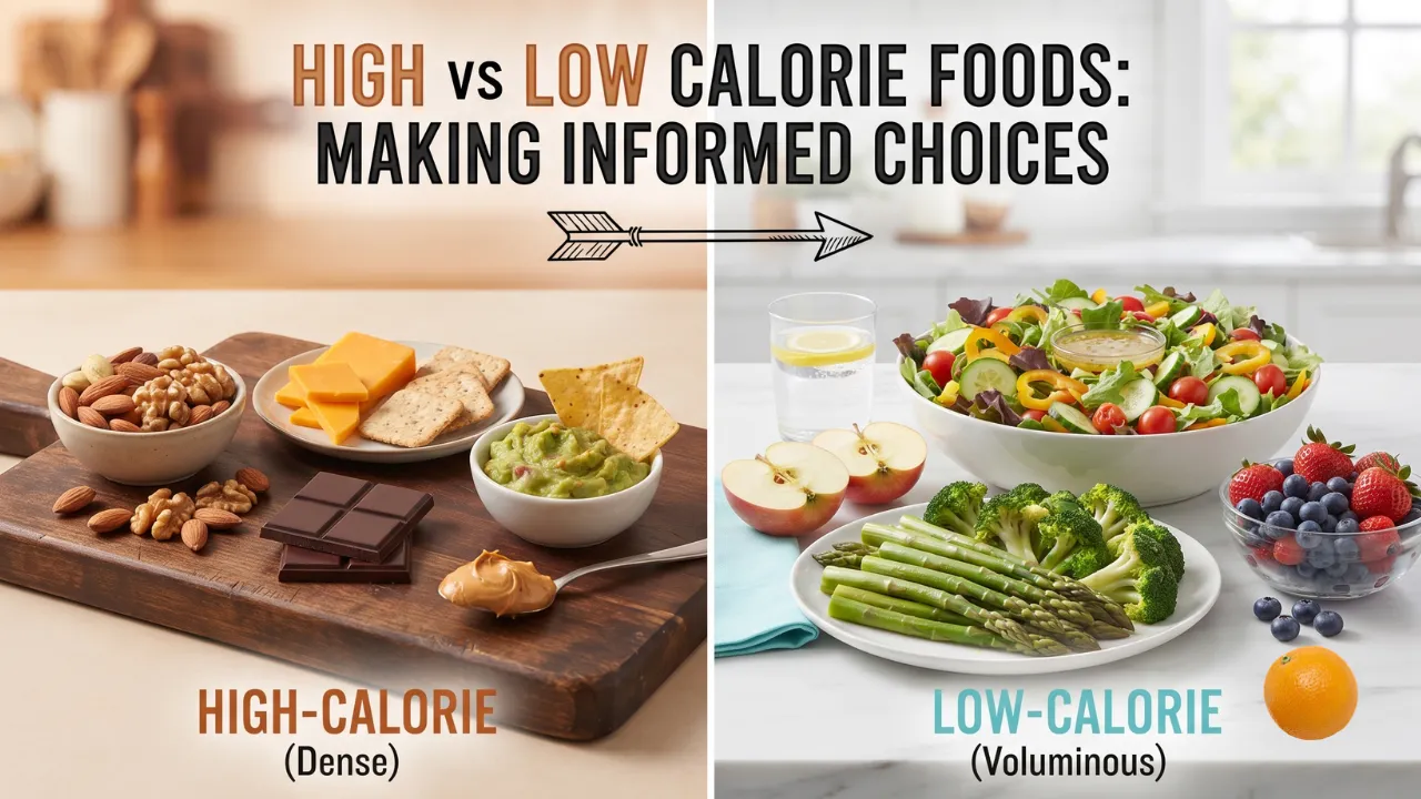 ALT text: A split-panel food photograph titled "HIGH vs LOW CALORIE FOODS: MAKING INFORMED CHOICES". The left panel shows a dark wood cutting board with small portions of calorie-dense foods: a bowl of almonds and walnuts, a plate with cheddar cheese and crackers, dark chocolate squares, a bowl of guacamole with chips, and a spoonful of peanut butter. The right panel shows a marble counter with large portions of low-calorie foods: a large salad, steamed broccoli and asparagus, sliced apples, mixed berries, and a glass of water with lemon. Text below labels them as "HIGH-CALORIE (Dense)" and "LOW-CALORIE (Voluminous)".