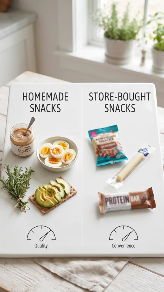 Comparison board contrasting homemade snacks (almond butter, eggs, avocado) with store-bought snacks (almonds, cheese stick, protein bar).

