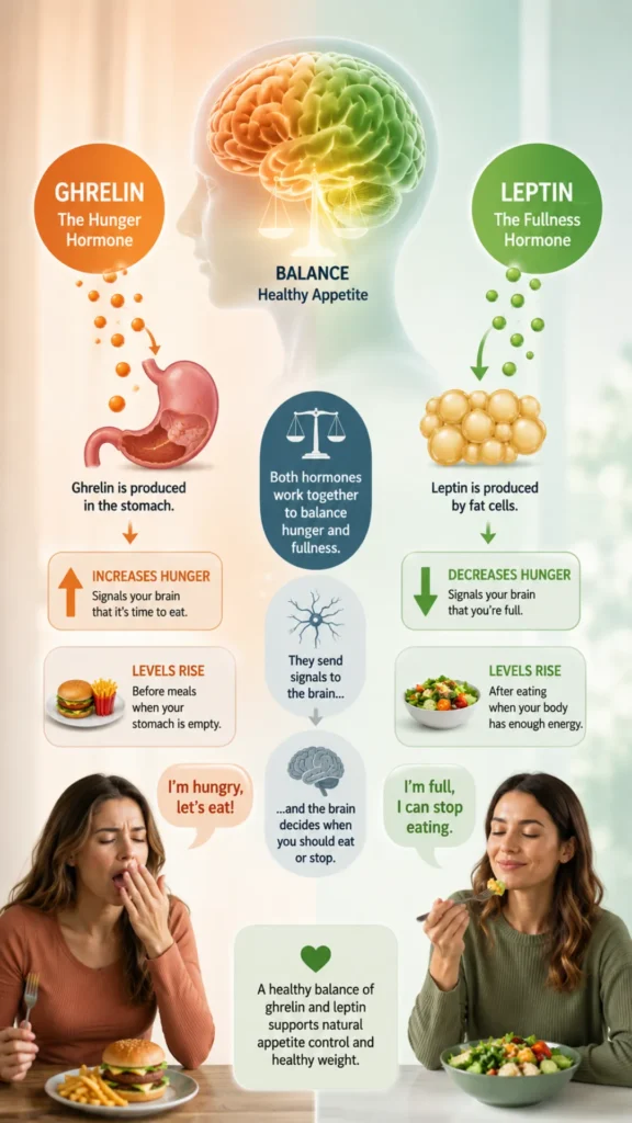 Infographic showing how the hormones ghrelin and leptin regulate hunger and fullness, helping control appetite and support healthy weight management.
