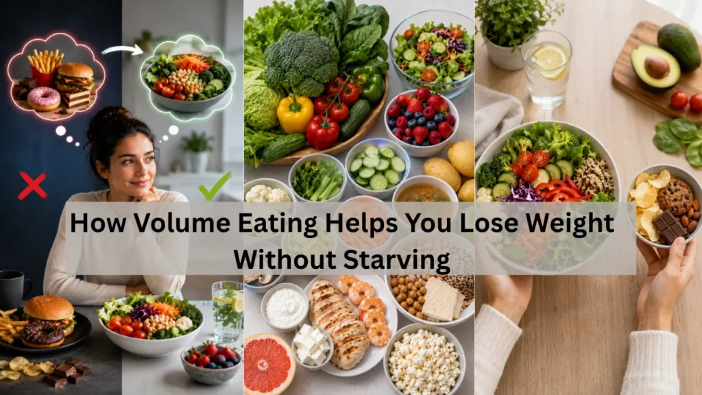 Woman enjoying a healthy volume eating meal while experiencing benefits beyond weight loss, including improved digestion, brain health, energy levels, sleep quality, and overall wellness.