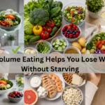 Woman enjoying a healthy volume eating meal while experiencing benefits beyond weight loss, including improved digestion, brain health, energy levels, sleep quality, and overall wellness.