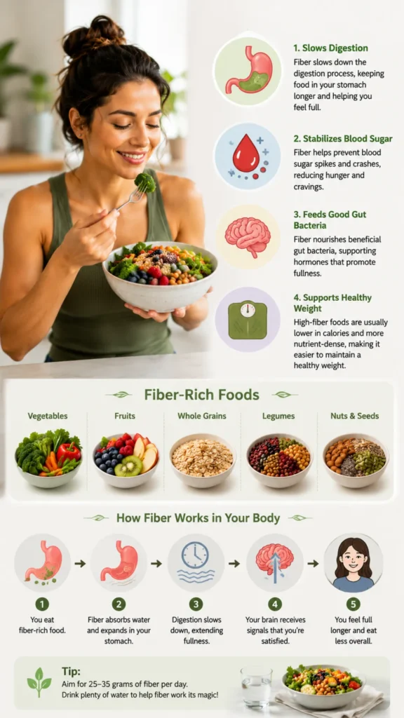 Infographic showing how dietary fiber slows digestion to promote lasting fullness.
