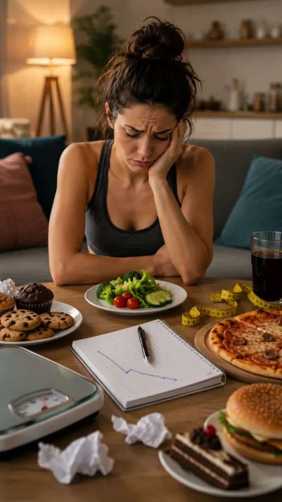 Woman struggling with hunger during a restrictive diet, surrounded by tempting foods, illustrating how constant hunger can derail weight loss progress and healthy eating goals.
