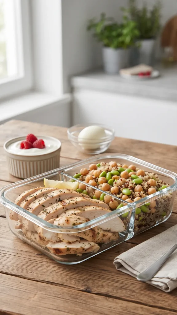 A 9:16 vertical photograph of a beautifully arranged, health-conscious meal prep on a rustic wooden table. The focus is on a clear glass container divided into two sections. One section holds generous slices of lean, herb-roasted chicken breast. The other section is filled with a colorful mix of cooked chickpeas, edamame beans, and quinoa. In the background, there is a small ceramic ramekin with plain Greek yogurt and fresh raspberries, and a glass bowl with a peeled hard-boiled egg. The setting is near a window with soft daylight, emphasizing the fresh textures and natural colors of the food. A small linen napkin and a fork are placed next to the meal.

