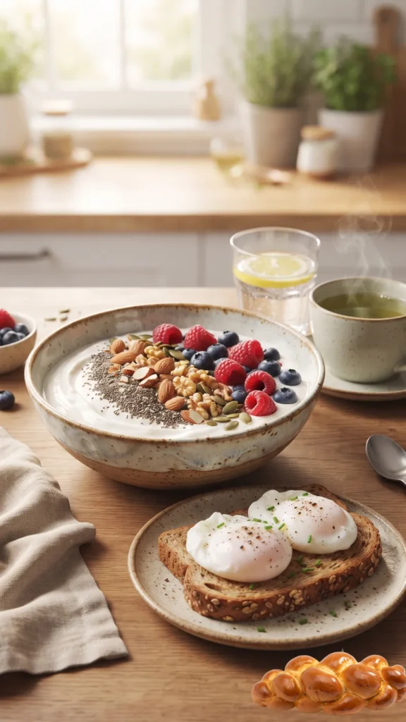 Healthy breakfast with a Greek yogurt bowl and poached eggs on toast
