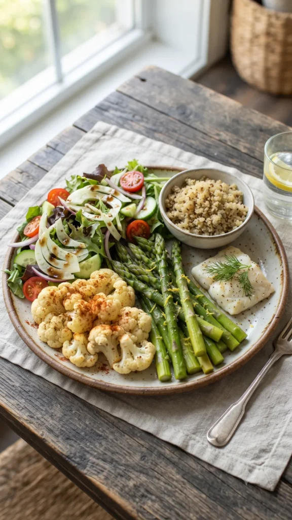 A plate with poached salmon, roasted cauliflower,
