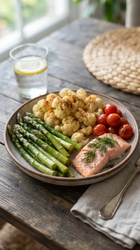 A plate with poached salmon, roasted cauliflower,
