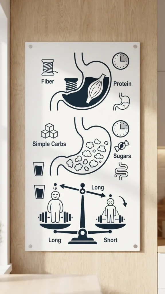 Infographic diagram on a wooden wall in a kitchen showing that fiber and protein (represented by thread and muscle icons) take a long time to digest, while simple carbs and sugars (cube and candy icons) take a short time. A scale shows that long-lasting foods lead to sustained energy, while short-lasting foods lead to a crash.
