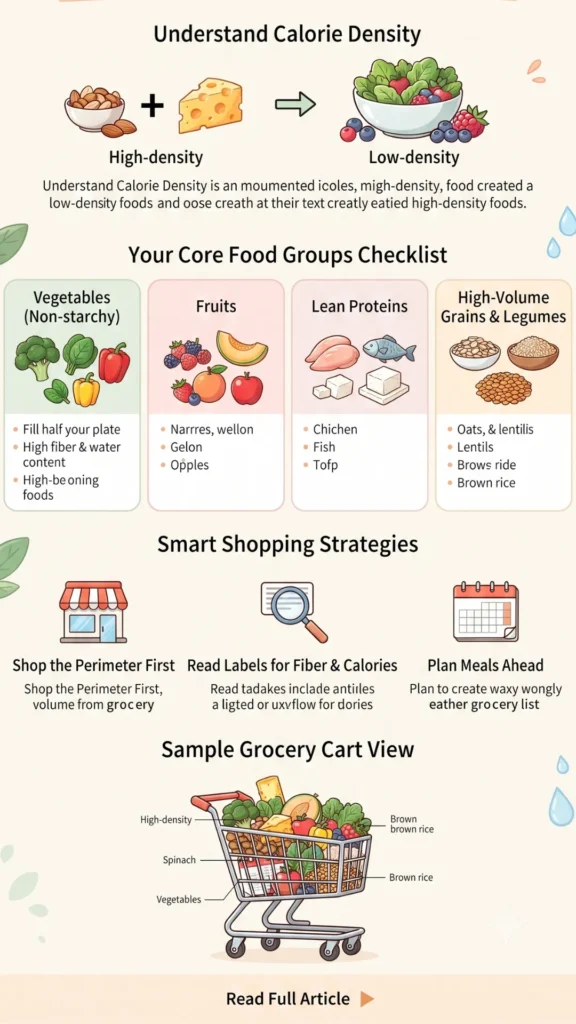 Infographic titled 'How to Create a Volume-Eating Grocery List,' featuring illustrated sections for understanding calorie density, a core food groups checklist (vegetables, fruits, lean proteins, grains/legumes), smart shopping strategies, and a sample grocery cart view.
