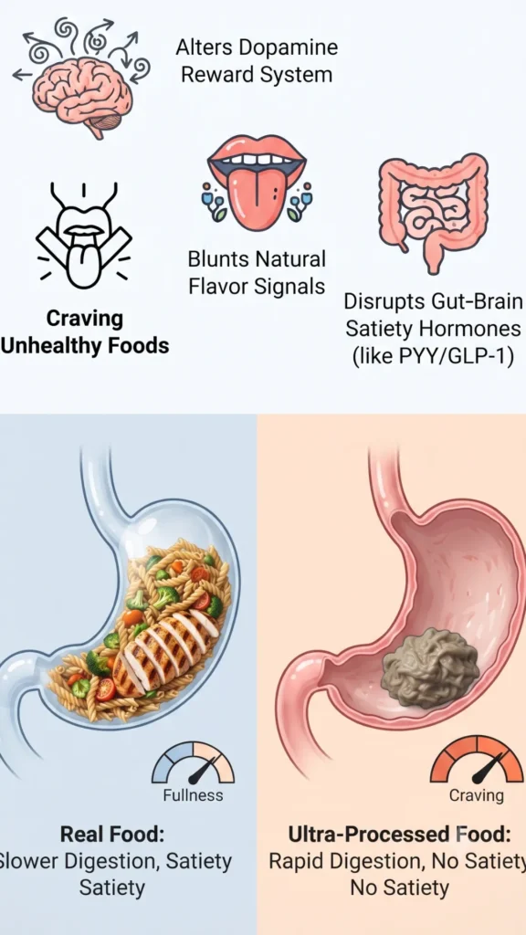 Infographic illustrating how ultra-processed foods negatively impact satiety, alter brain reward systems, and disrupt hormones compared to whole, real foods.
