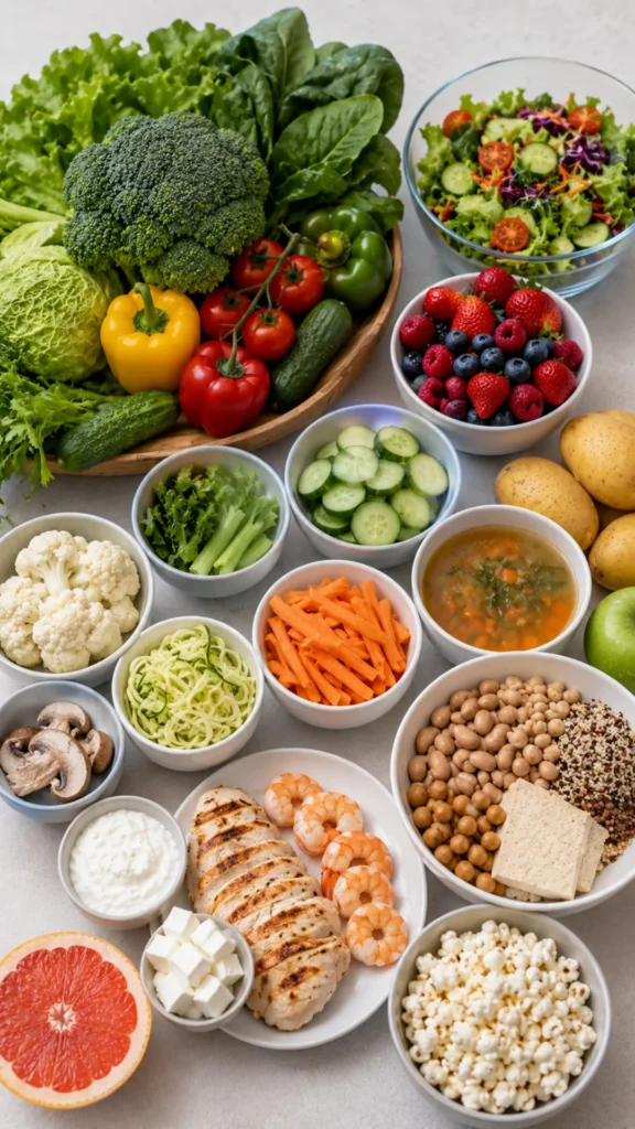 Woman choosing a healthy volume eating meal over junk food cravings, showing how nutrient-rich low-calorie foods help control hunger and reduce cravings for weight loss.
