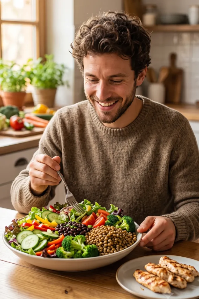 A smiling man wearing a brown sweater eats a large, colorful salad bowl filled with fresh vegetables, black beans, and lentils.											
