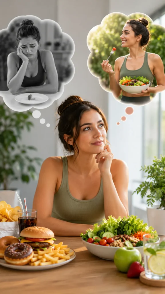 Woman preparing a healthy volume eating meal with vegetables, hydration, meal planning, and simple habits to start sustainable weight loss without feeling overwhelmed.
