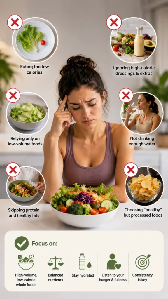Illustration showing how volume eating increases fullness by using large portions of low-calorie foods that support satiety, reduce hunger, and promote weight loss.
