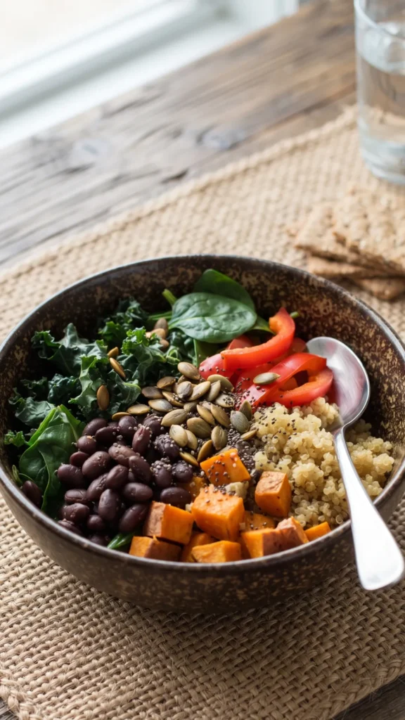 A bowl filled with a variety of healthy, high-fiber foods including black beans, quinoa, sweet potatoes, kale, and seeds.
