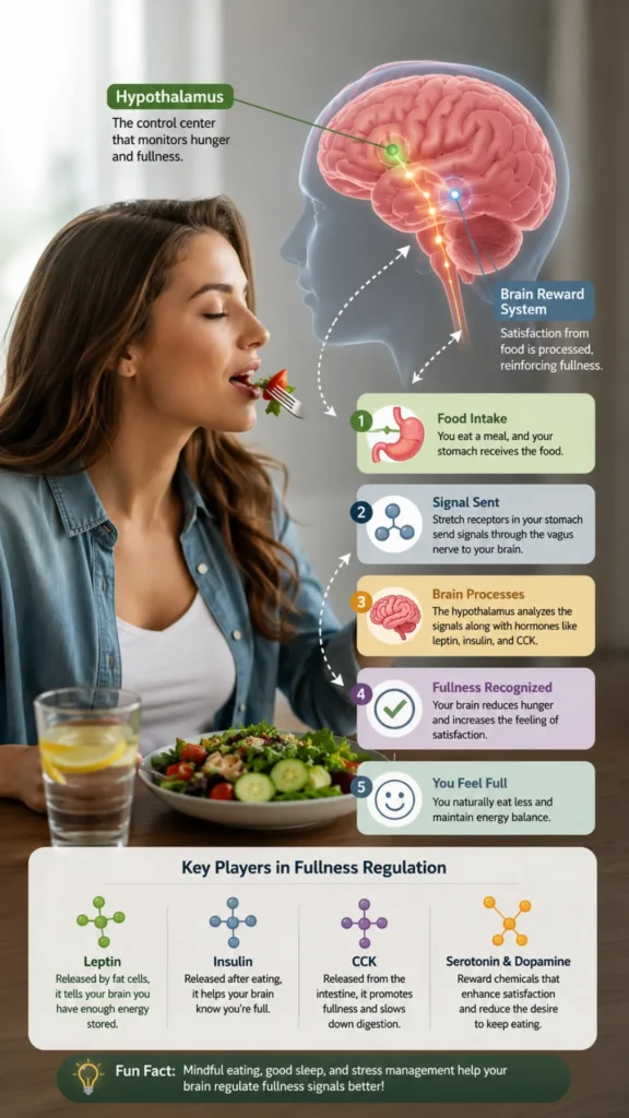 Illustration showing how the brain processes hunger and fullness signals from the stomach and hormones to help regulate appetite and support healthy eating habits.
