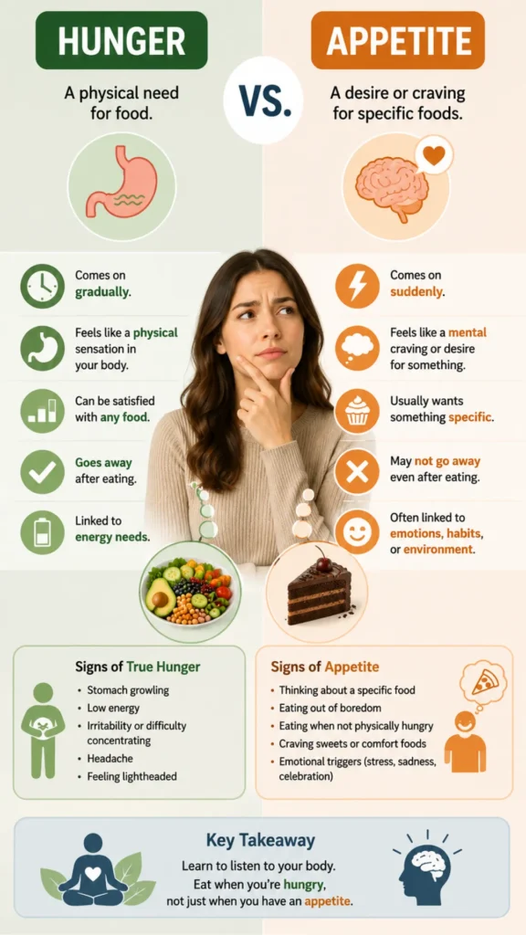 Infographic comparing hunger and appetite, showing the difference between physical hunger signals and emotional food cravings for better appetite control and healthy eating.
