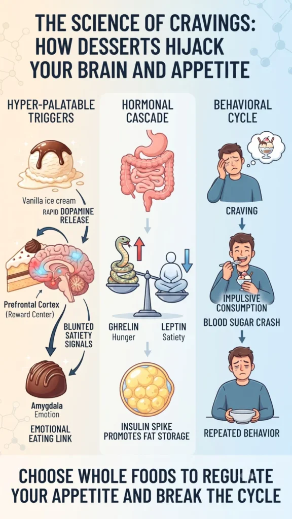 Infographic explaining how ice cream and sugary desserts trigger rapid dopamine release, create hormonal imbalance with high ghrelin and low leptin, and lead to a vicious cycle of cravings and overeating.
