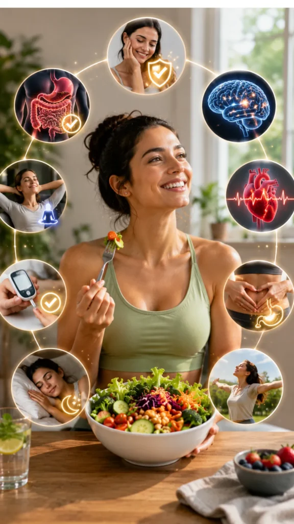 Illustration showing satiety signals between the brain, stomach, and digestive system, explaining how healthy foods help control hunger and support weight management.
