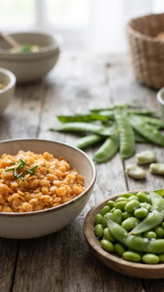 A wooden bowl filled with edamame beans and a bowl of cooked red lentils, garnished with fresh chives, set on a rustic wooden table
