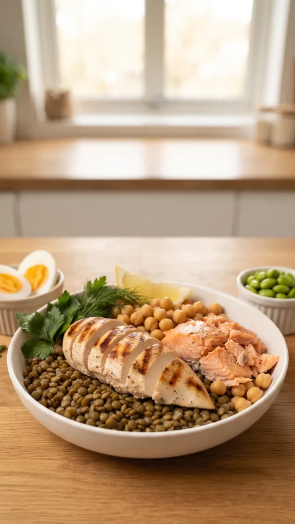 A healthy protein bowl featuring grilled chicken, salmon, lentils, and chickpeas.
