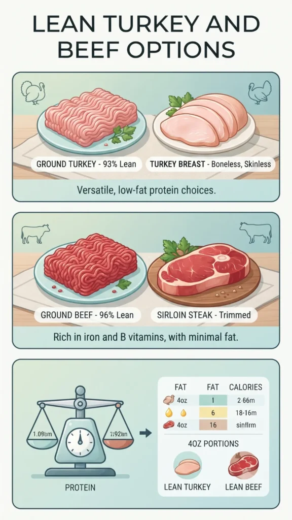 Infographic titled 'Lean Turkey and Beef Options' comparing the nutritional value and versatility of ground turkey, turkey breast, ground beef, and sirloin steak, with a chart showing fat and calorie differences.