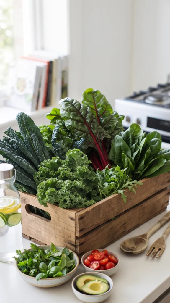 A wooden crate overflowing with fresh leafy greens, including kale, Swiss chard, spinach, and arugula, sits on a kitchen counter next to a glass of cucumber-lemon water and small bowls of fresh herbs, cherry tomatoes, and sliced avocado
