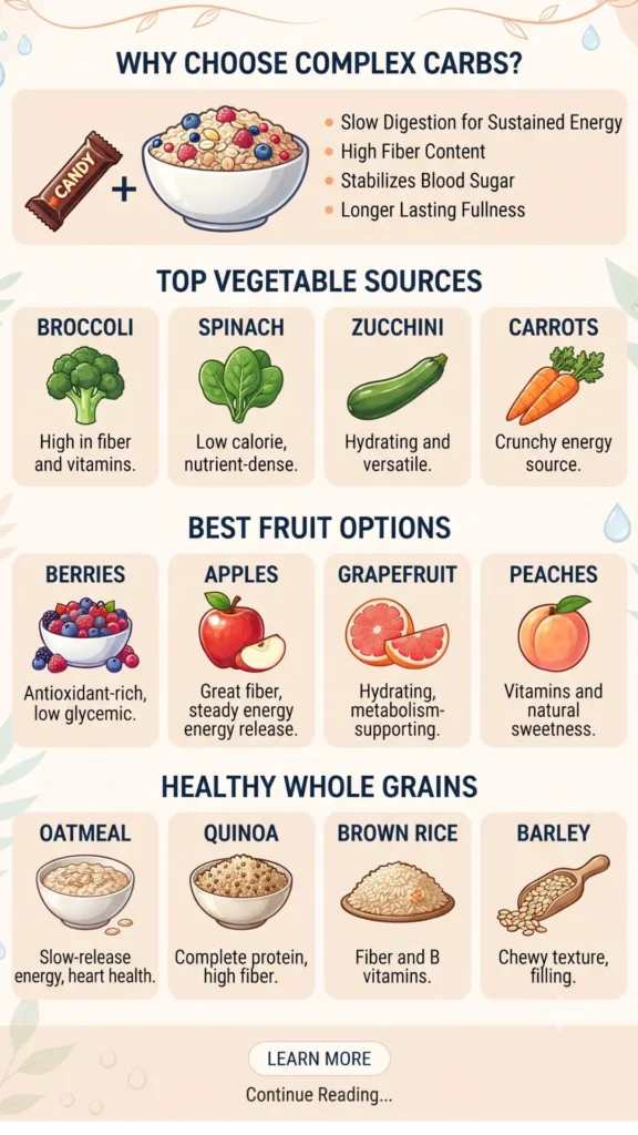  "Low-Calorie Carbohydrates That Keep You Energized," listing complex carb benefits, vegetables, fruits, and whole grains with illustrations.
