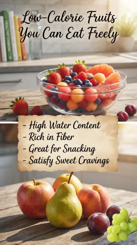 An infographic titled "Low-Calorie Fruits You Can Eat Freely," featuring a glass bowl of mixed fruit and a list of health benefits.
