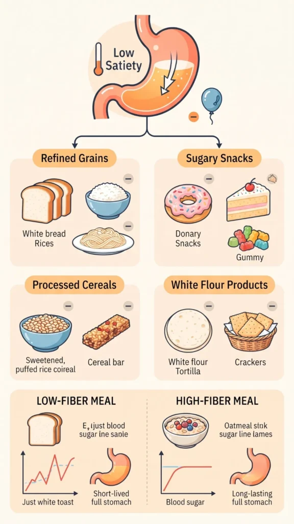 Infographic flowchart illustrating the quick digestion and blood sugar spike from low-fiber foods, contrasted with the sustained fullness from high-fiber alternatives.
