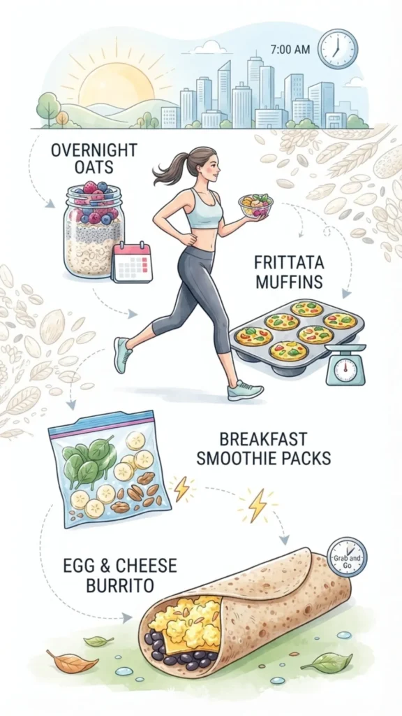 Infographic showcasing make-ahead breakfast options, including overnight oats, frittata muffins, freezer smoothie packs, and egg and cheese burritos, all designed to save time.