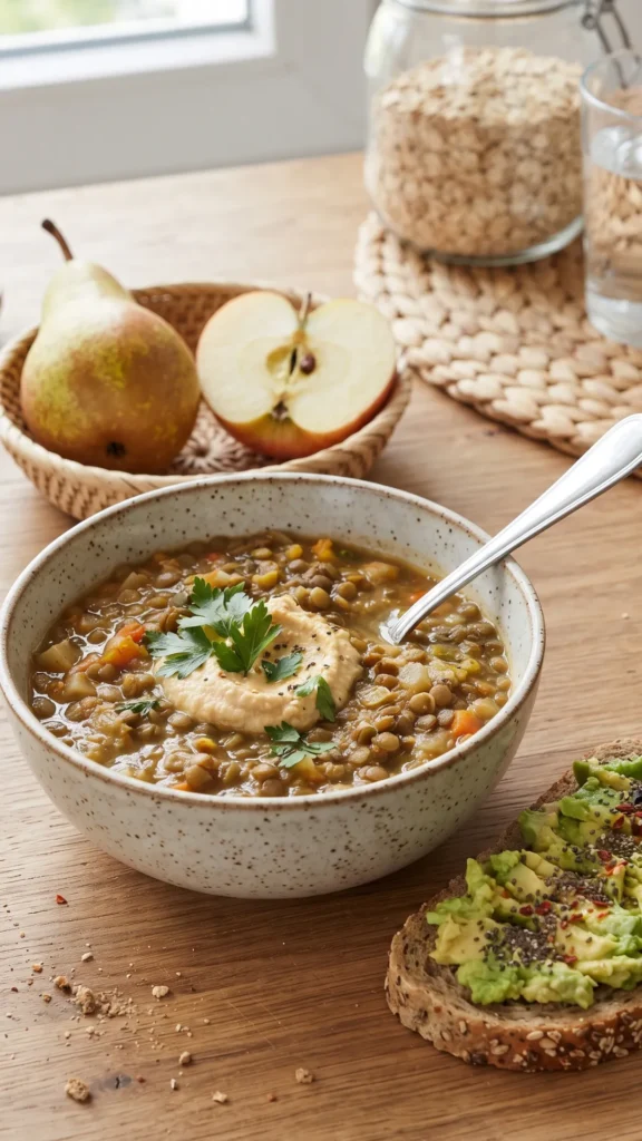 A balanced meal of lentil soup with hummus and parsley, avocado toast, and a side basket with a pear and an apple.
