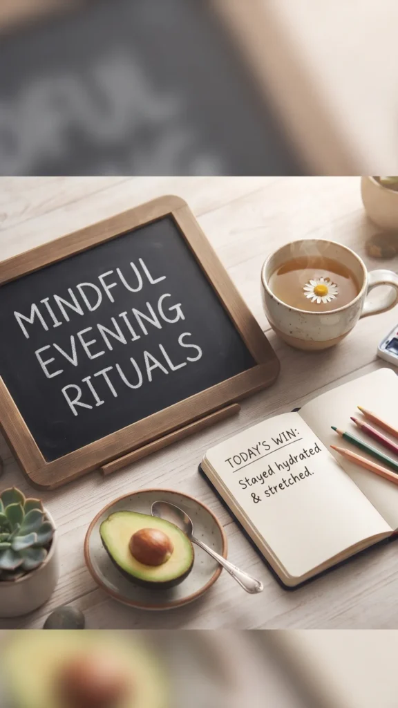 A flat-lay view of a mindful evening setup including a chalkboard with "MINDFUL EVENING RITUALS" written on it, a cup of warm tea, a notebook documenting a "TODAY'S WIN," a small bowl with half an avocado, and a succulent plant
