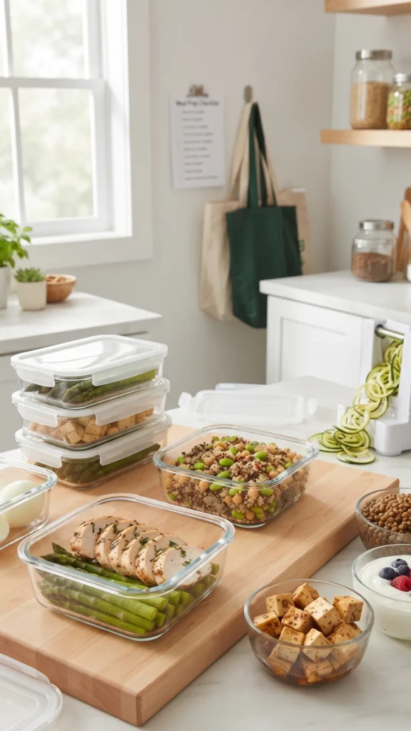 A well-organized kitchen counter set up for high-protein meal prep, featuring glass containers with grilled chicken, asparagus, grain salads, and bowls of lentils, tofu, and berries, with a spiralizer in the background.
